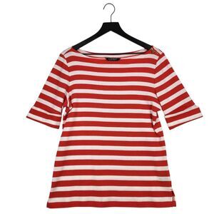 Lauren Ralph Lauren Women's Top Large Coral Striped Gold Zipper Boat Neck Summer